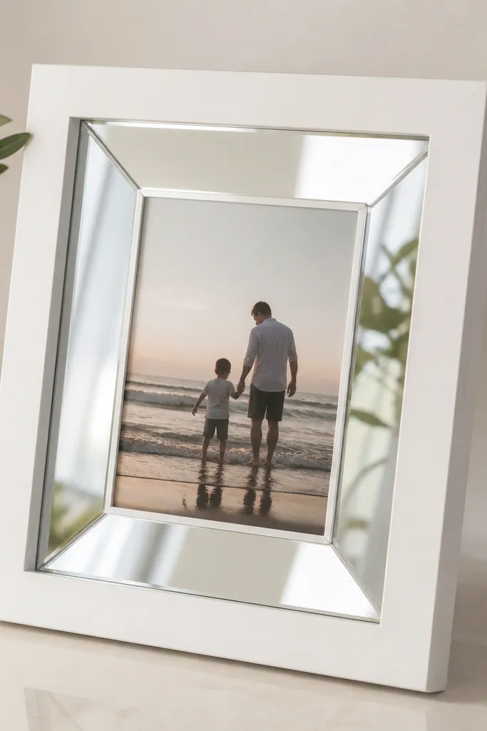 A framed photo where the backing is a small mirror sheet. The photo sits in a central opening, and the mirror catches light around the edges. The frame is painted white and the mirror edges look polished.