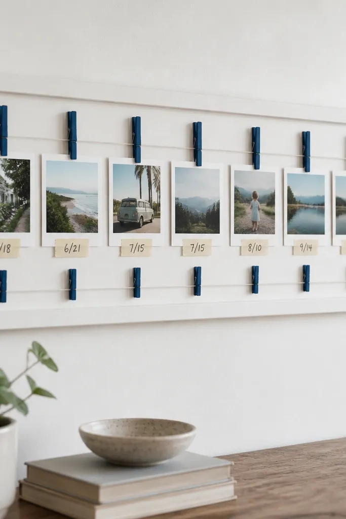 A long painted board frame with a grid of small clothespins. Several photos hang from the pins in a neat row, each with a tiny handwritten date label on masking tape. The board is matte white with navy pins.