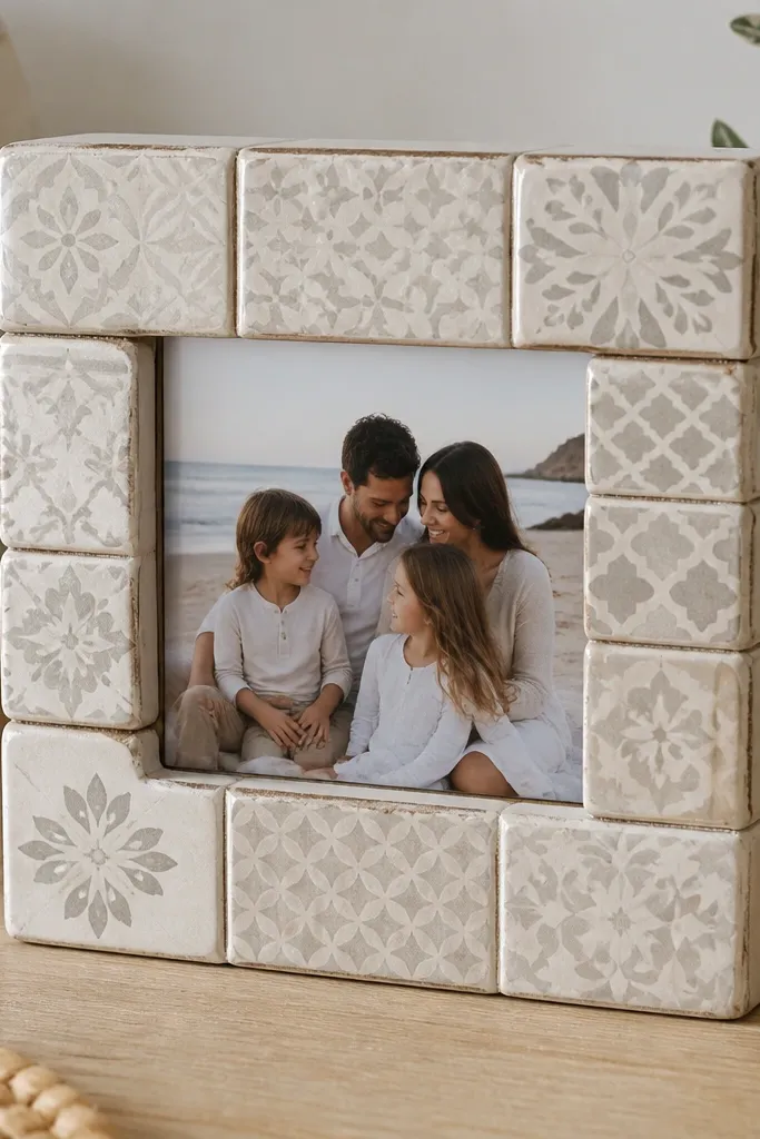 A small square frame built from stacked ceramic coasters as a border. The center shows a family photo under clear acrylic. The coasters have off-white and light gray patterns with grout-like lines.