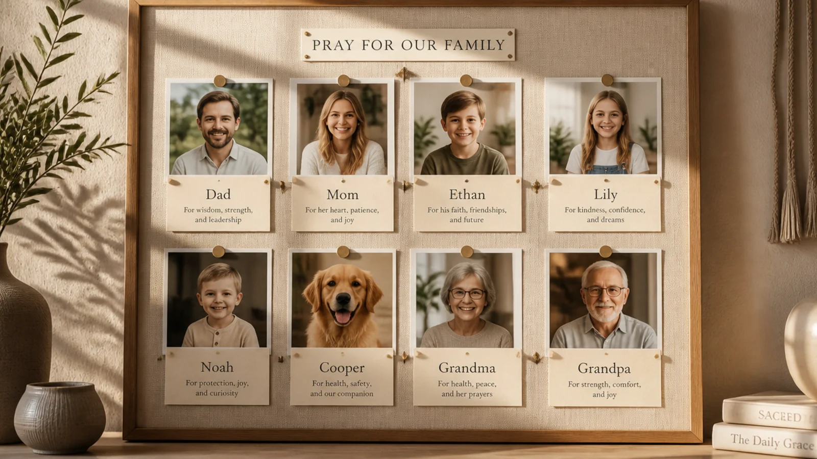 A grid of family member photos on a board, each with a small card naming what to pray for them.