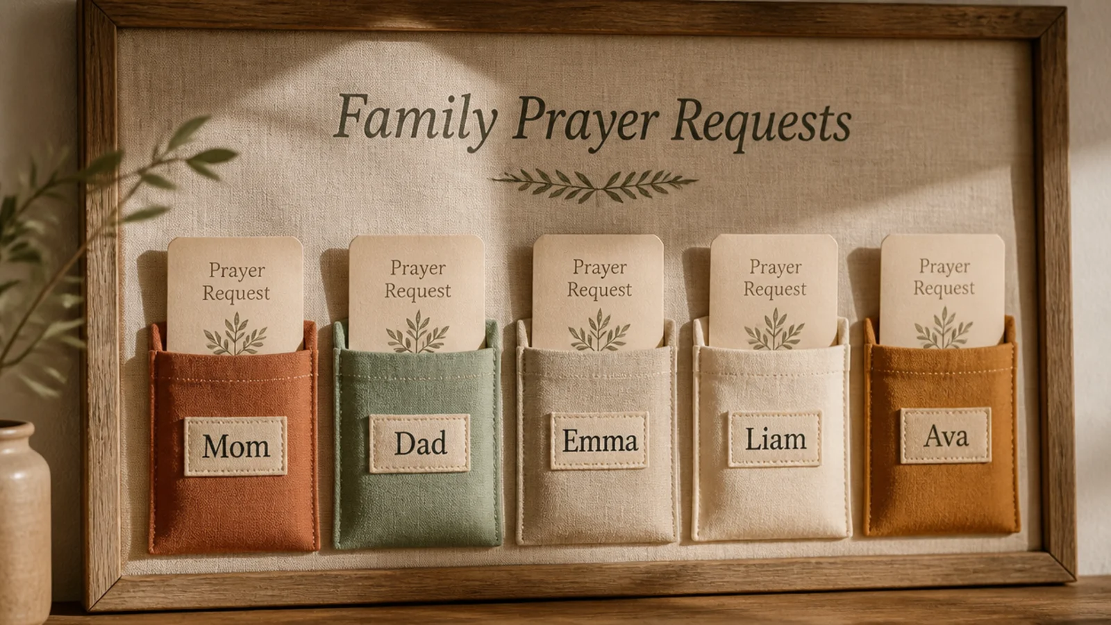 A row of labeled fabric pockets, one per family member, holding request cards on a board.
