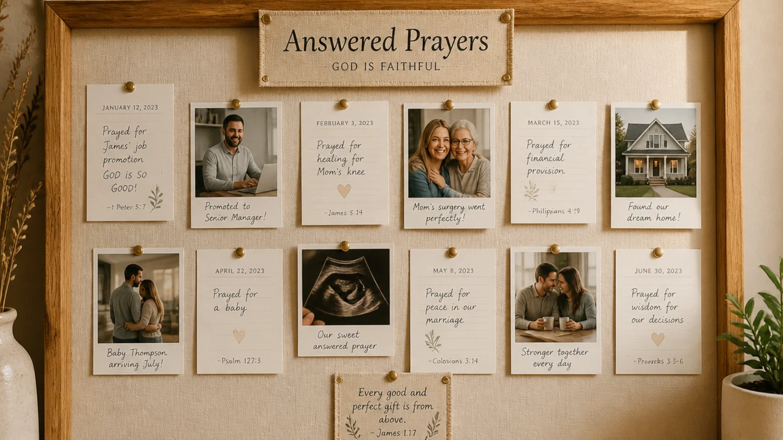 A dedicated section of a board filling with dated cards and photos of answered family prayers.