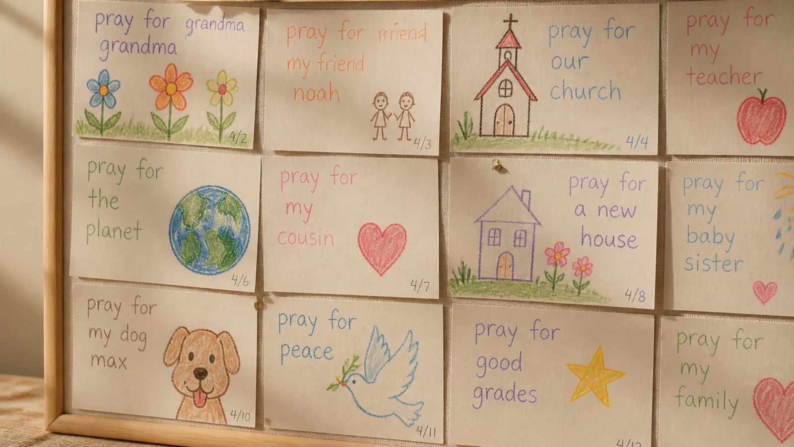 A lower section of a board covered in children's crayon drawings of things they're praying for.
