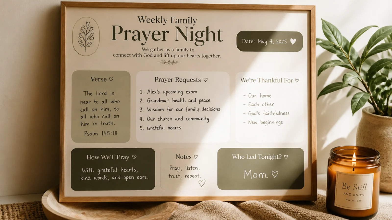 A board set up for a weekly family prayer night with a verse, requests, and a candle nearby.