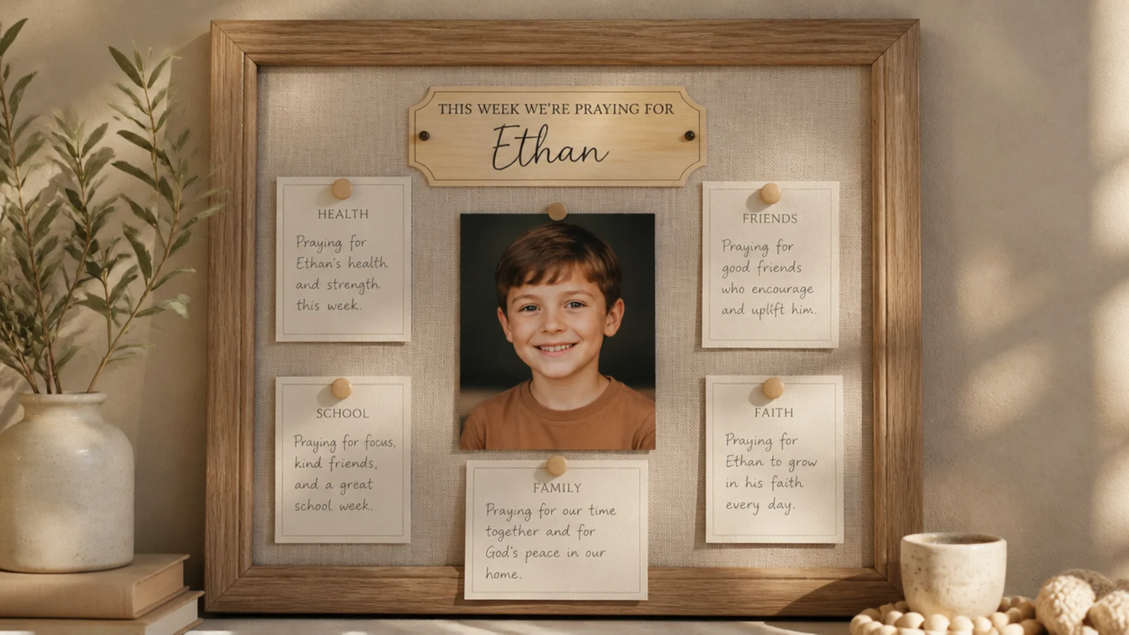 A featured center spot on a board highlighting one family member of the week to pray over.