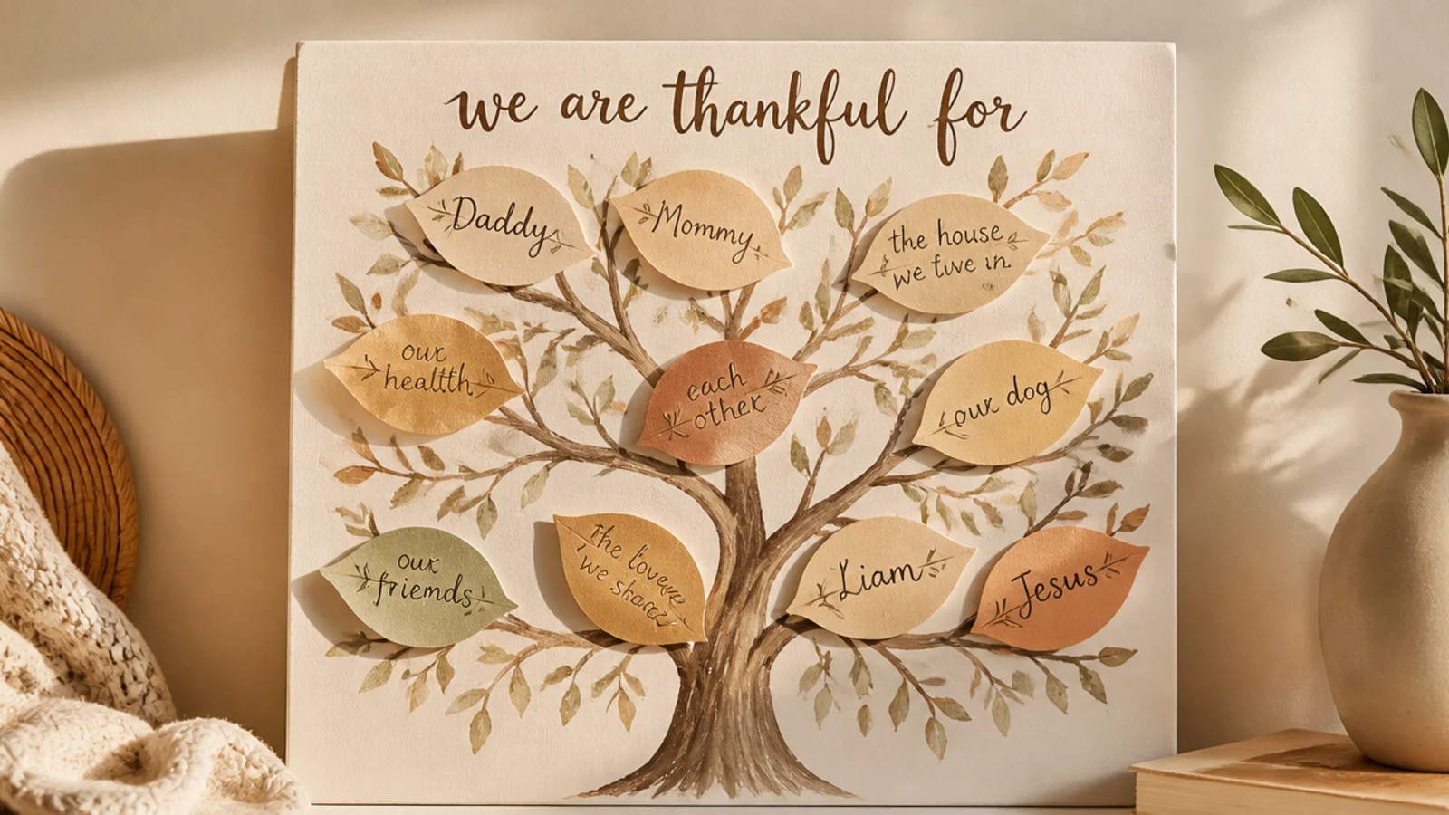 A painted tree branch on a board with paper leaves, each holding one thing a family member is thankful for.