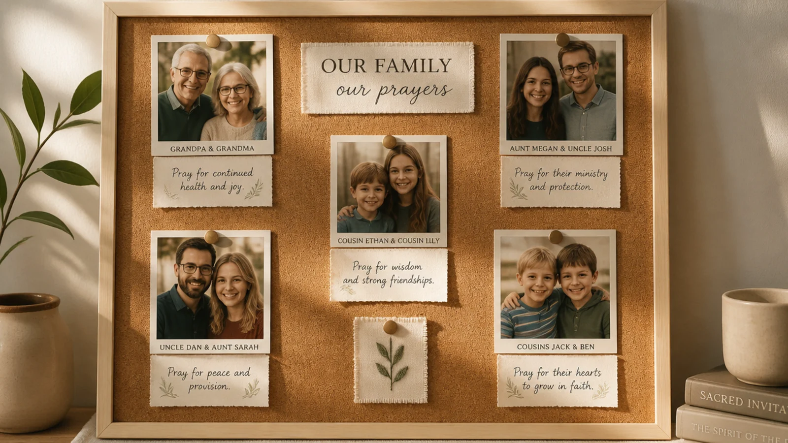 A board zone with photos of grandparents, aunts, uncles, and cousins and their prayer needs.