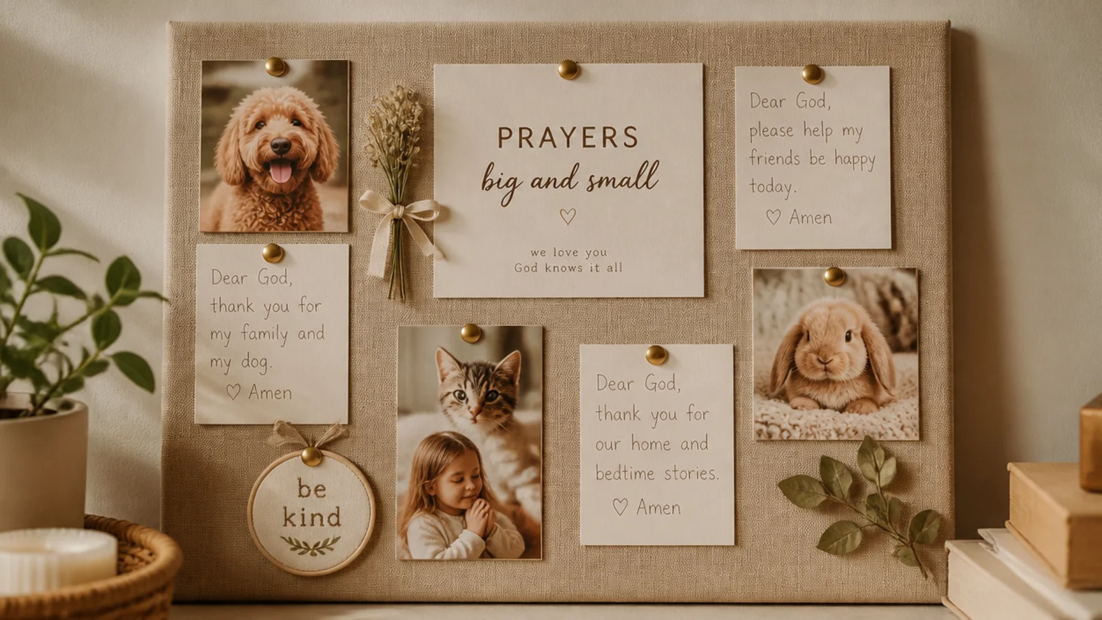 A small corner of a board with pet photos and simple prayers, loved by the youngest kids.