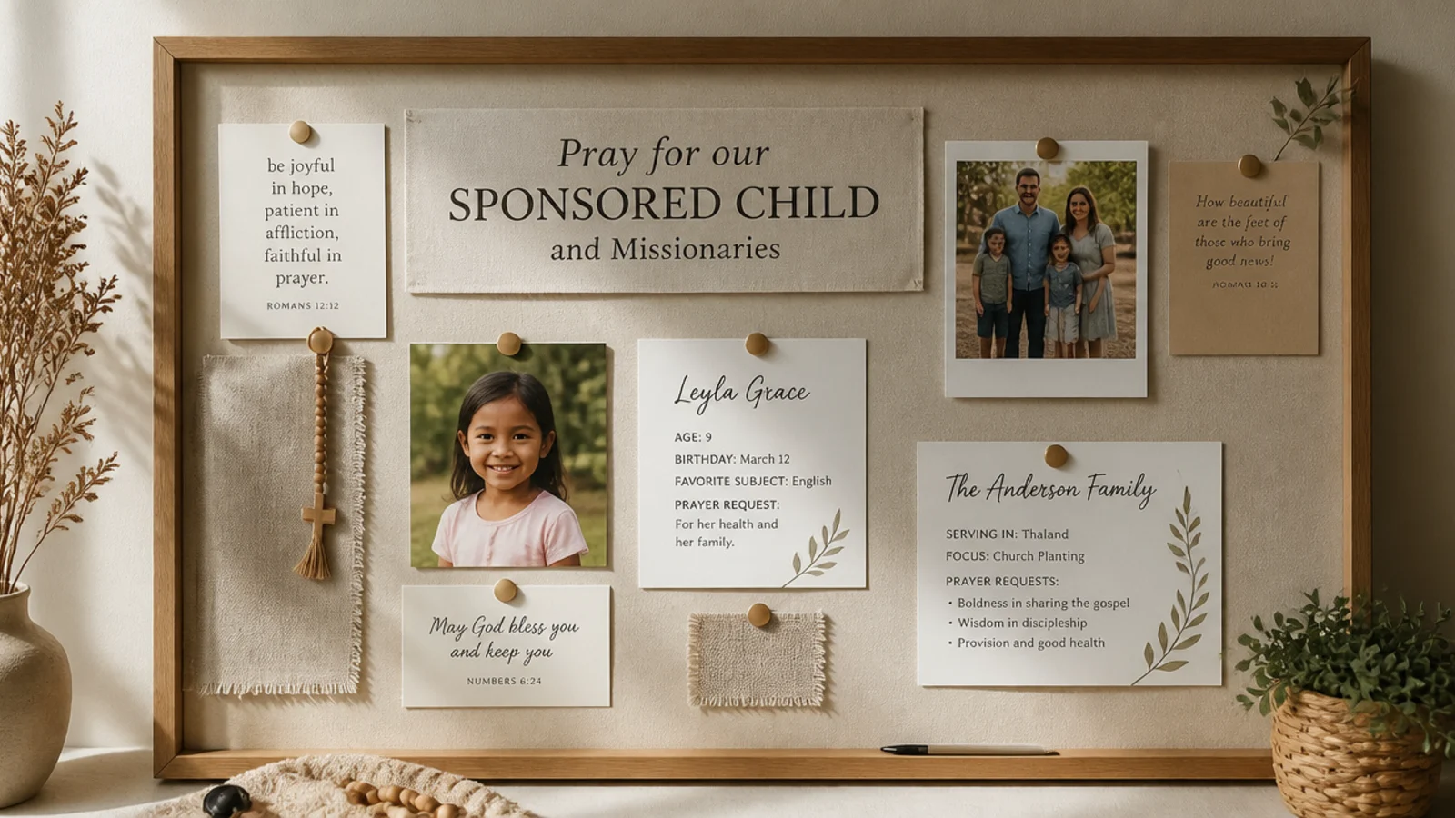 A board zone with photos of a sponsored child and missionaries the family supports and prays for.