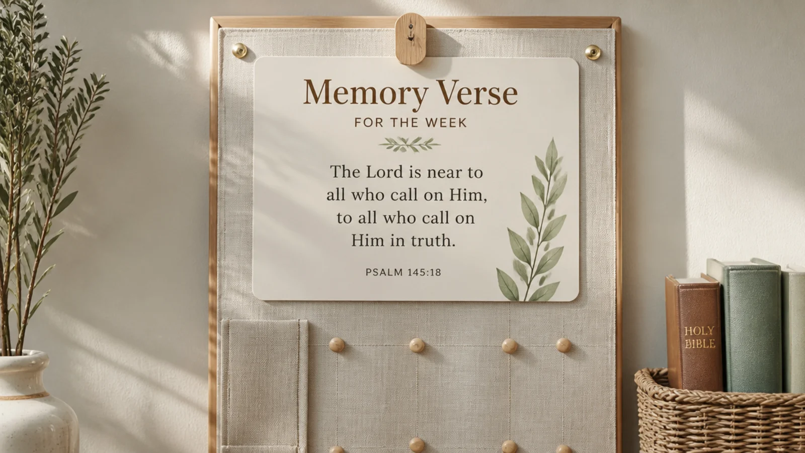 A large card at the top of a board holding one family memory verse for the week.