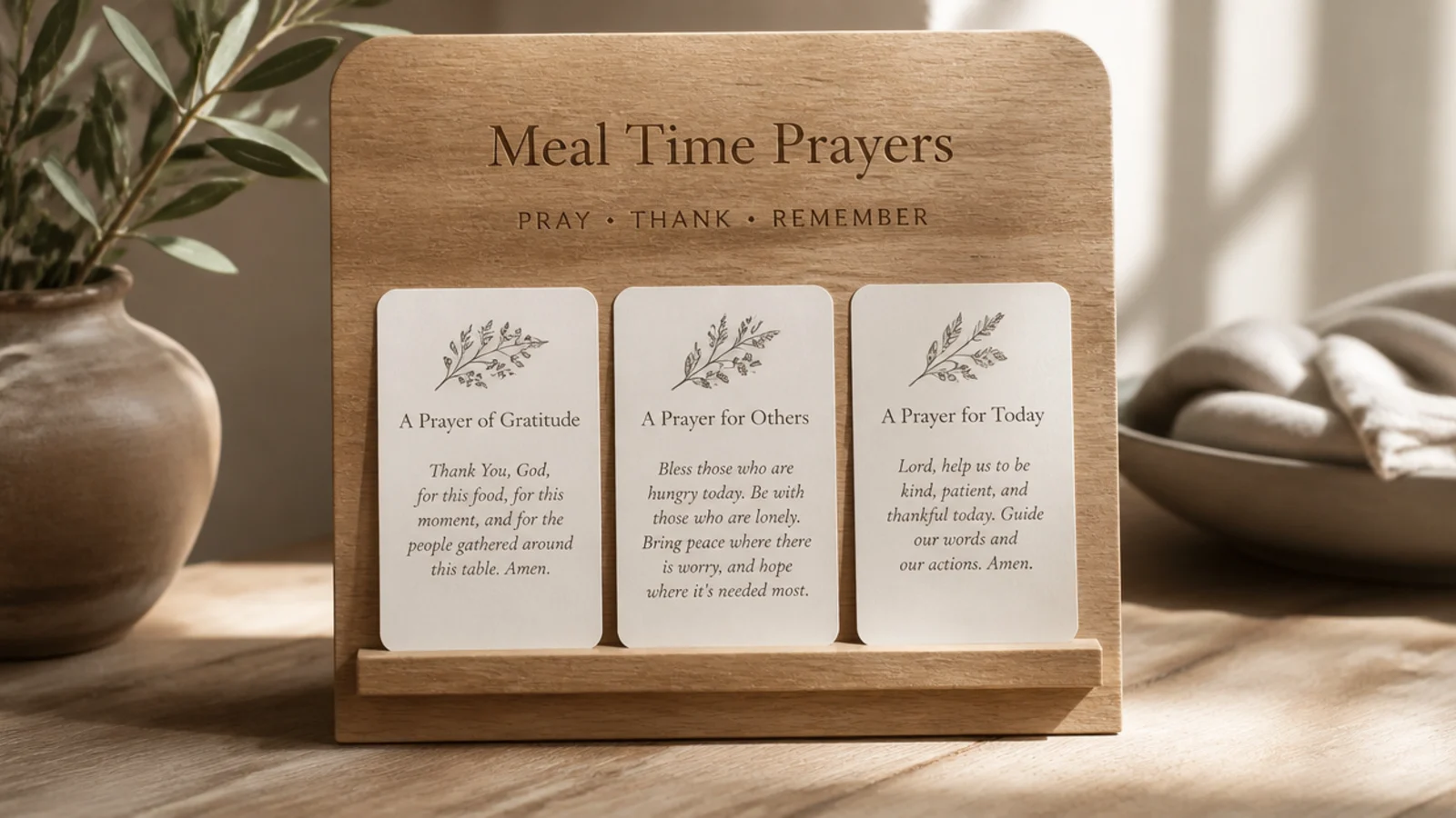 A small standing board on the dining table with a few prayer cards to pray over at mealtime.