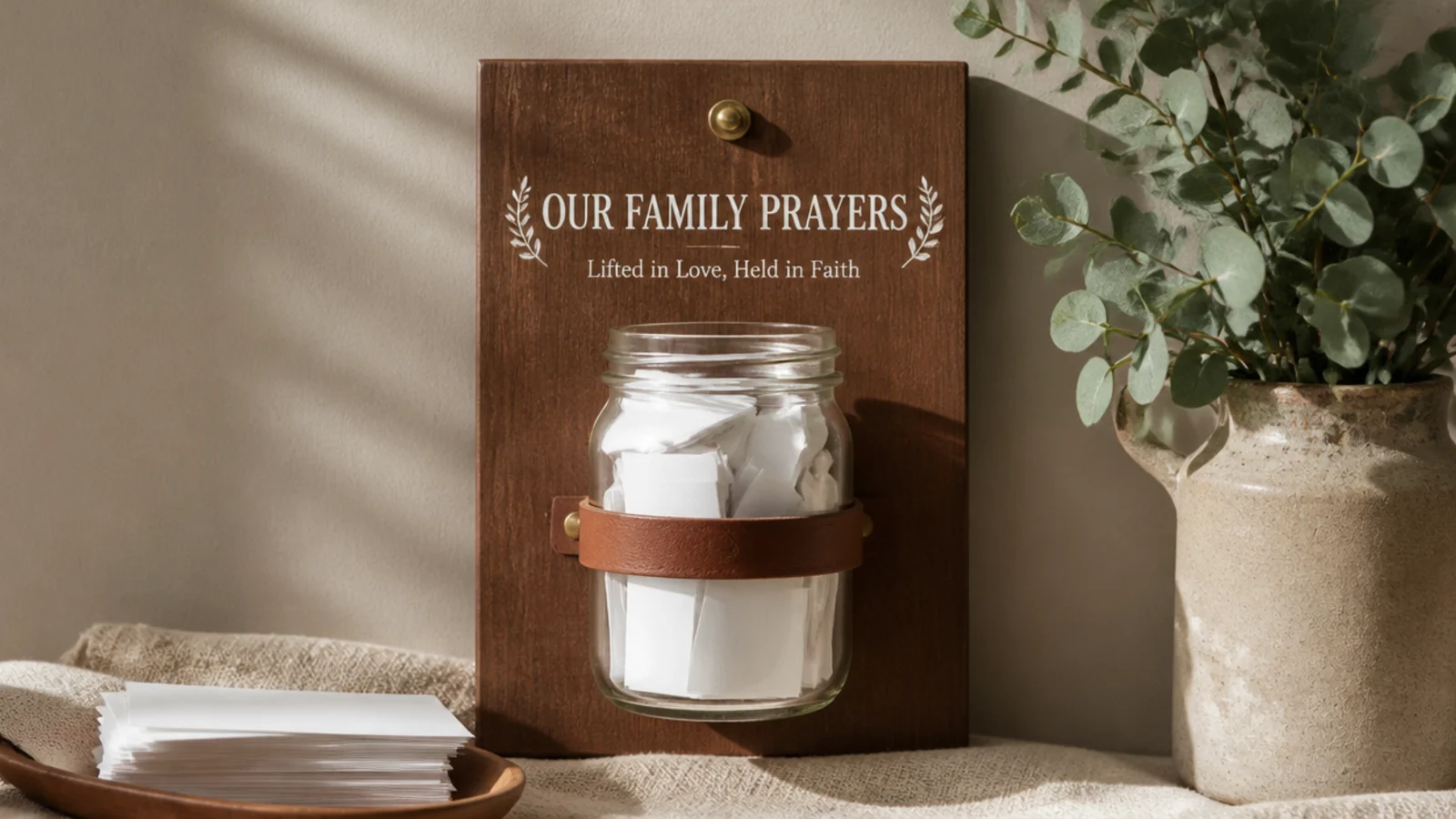 A jar mounted by a board holding folded family prayer slips, with a stack of blanks nearby.