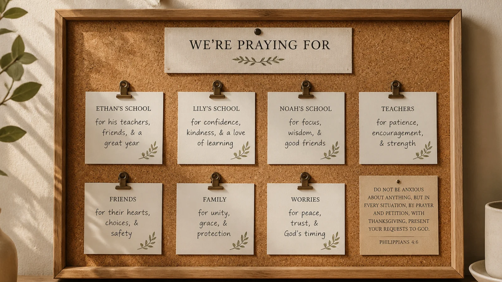 A board zone with cards for each child's school, teachers, friends, and worries.