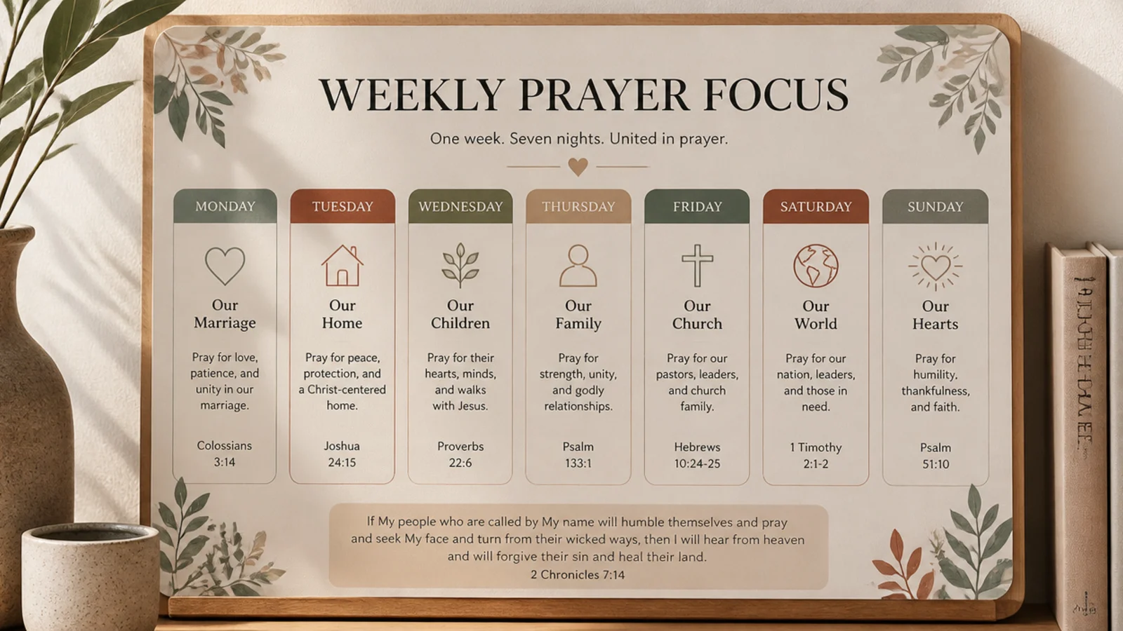 A laminated weekly calendar on a board assigning a prayer focus to each night for the family.