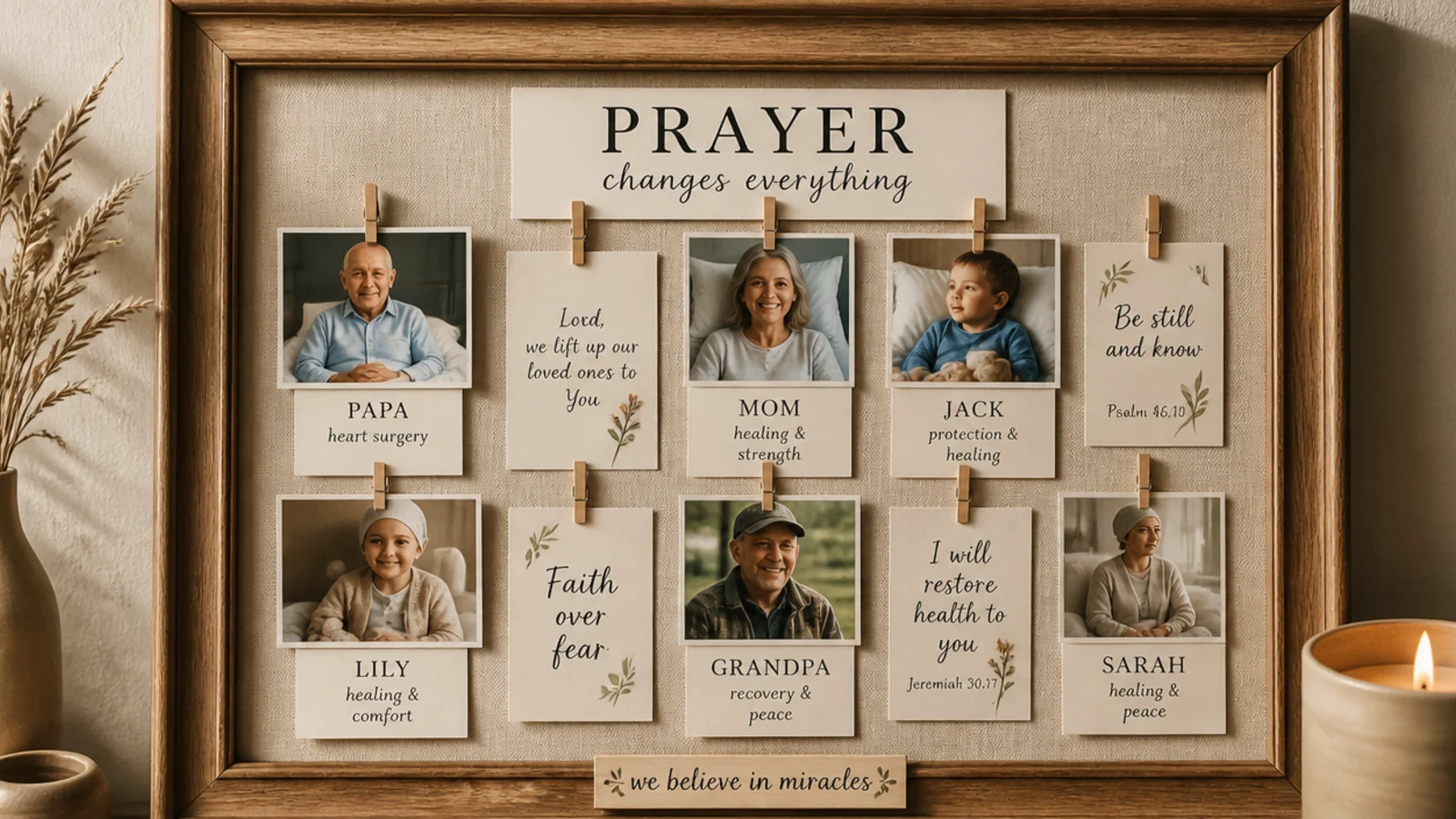 A gentle board zone with cards and photos of sick loved ones the family is praying to be healed.