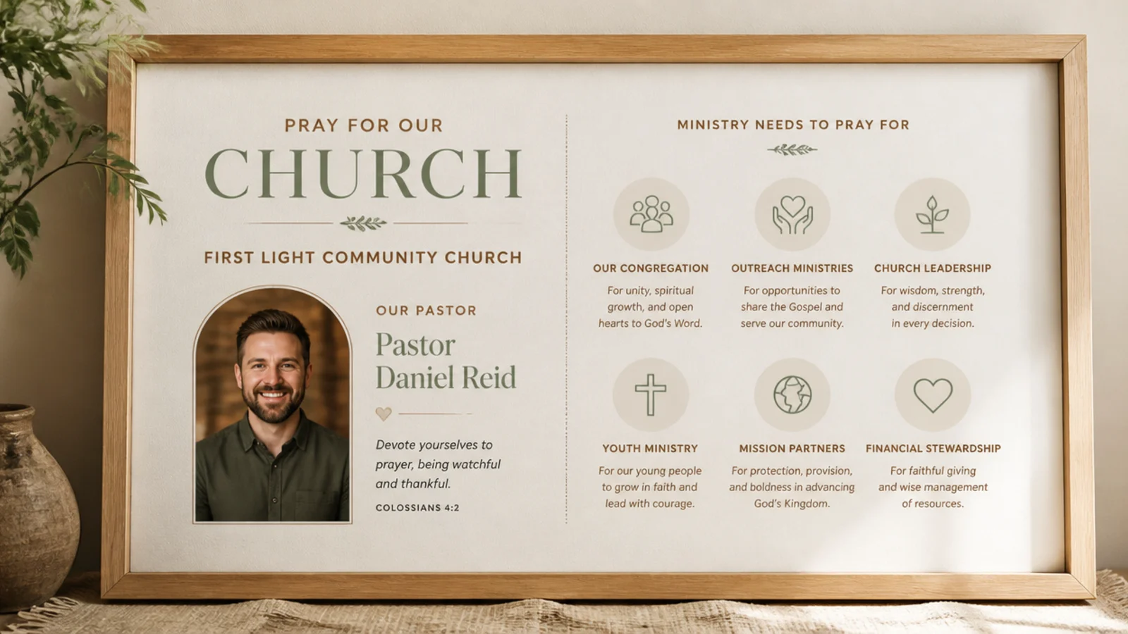 A board zone with the church name, pastor's photo, and ministry needs to pray for as a family.