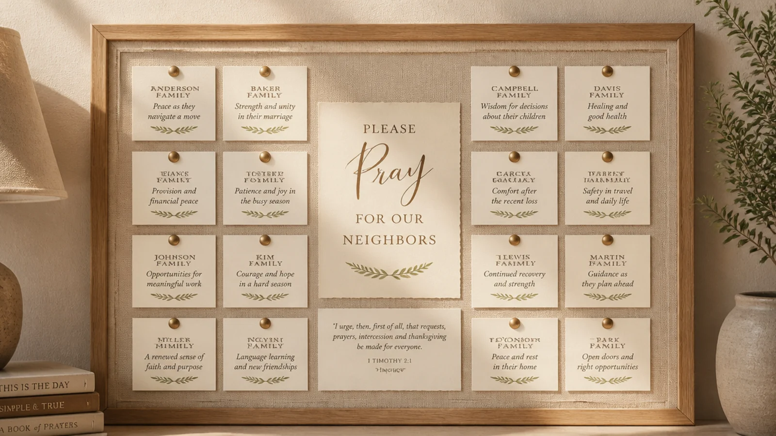 A board zone naming neighbors and family friends with a small need or a hope for each.