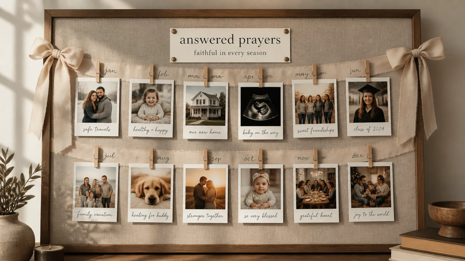 A ribbon across a board with dated family photos marking answered prayers through the year.