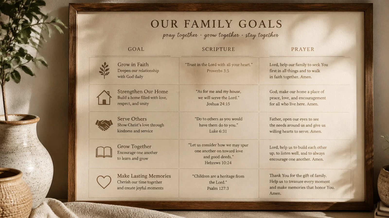 A board zone listing shared family goals each paired with a scripture and a prayer.
