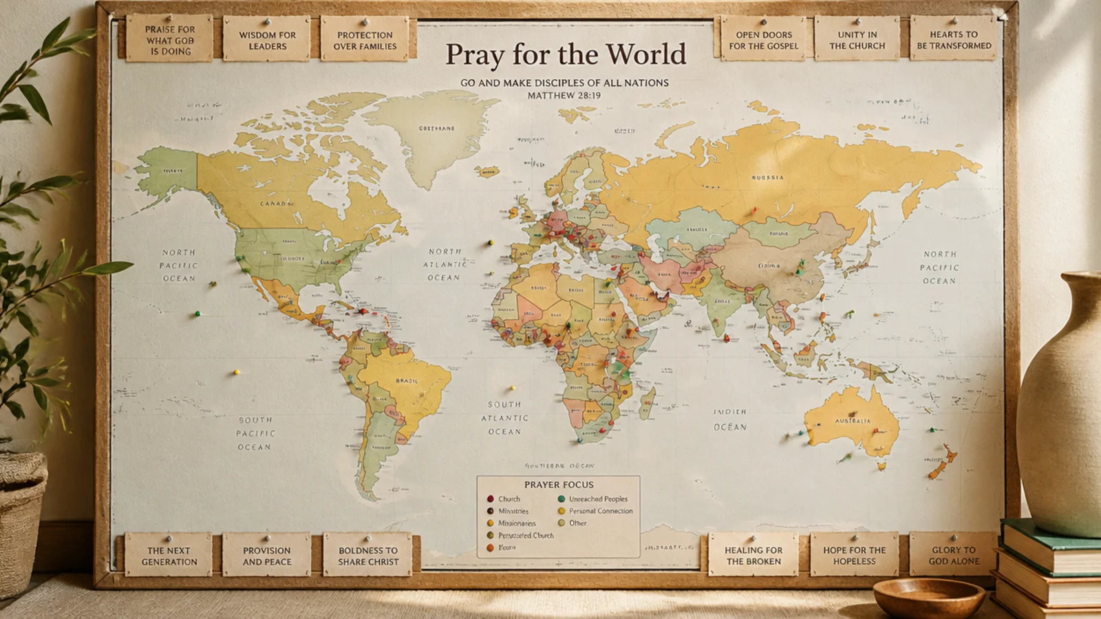 A colorful world map on a board with pins where the family prays for different countries.