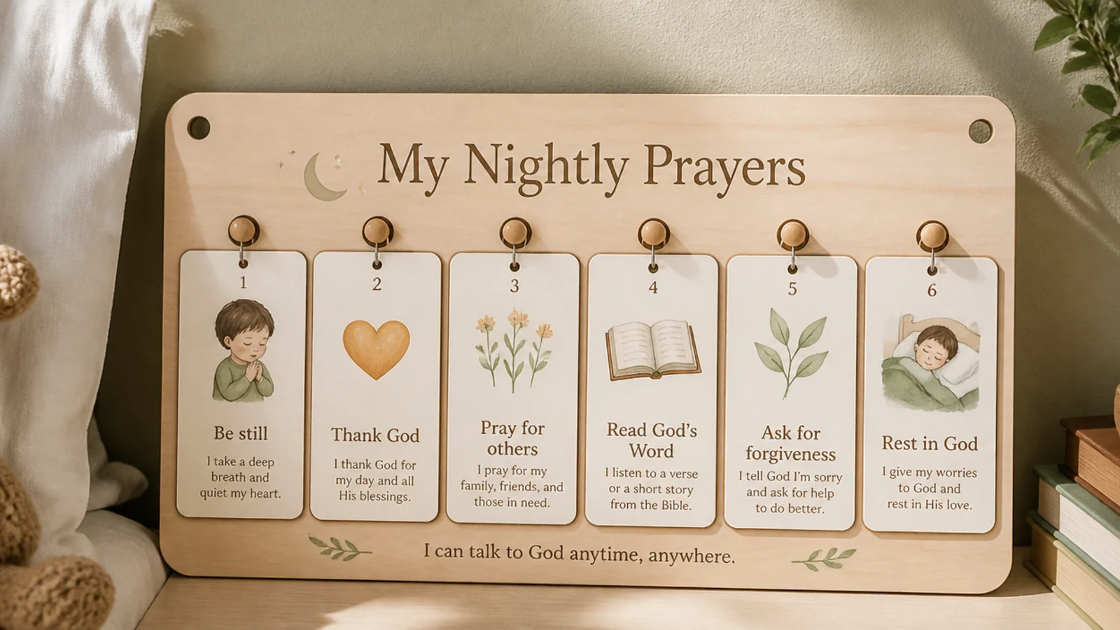 A simple board by a child's bed with picture cards guiding a short nightly prayer routine.