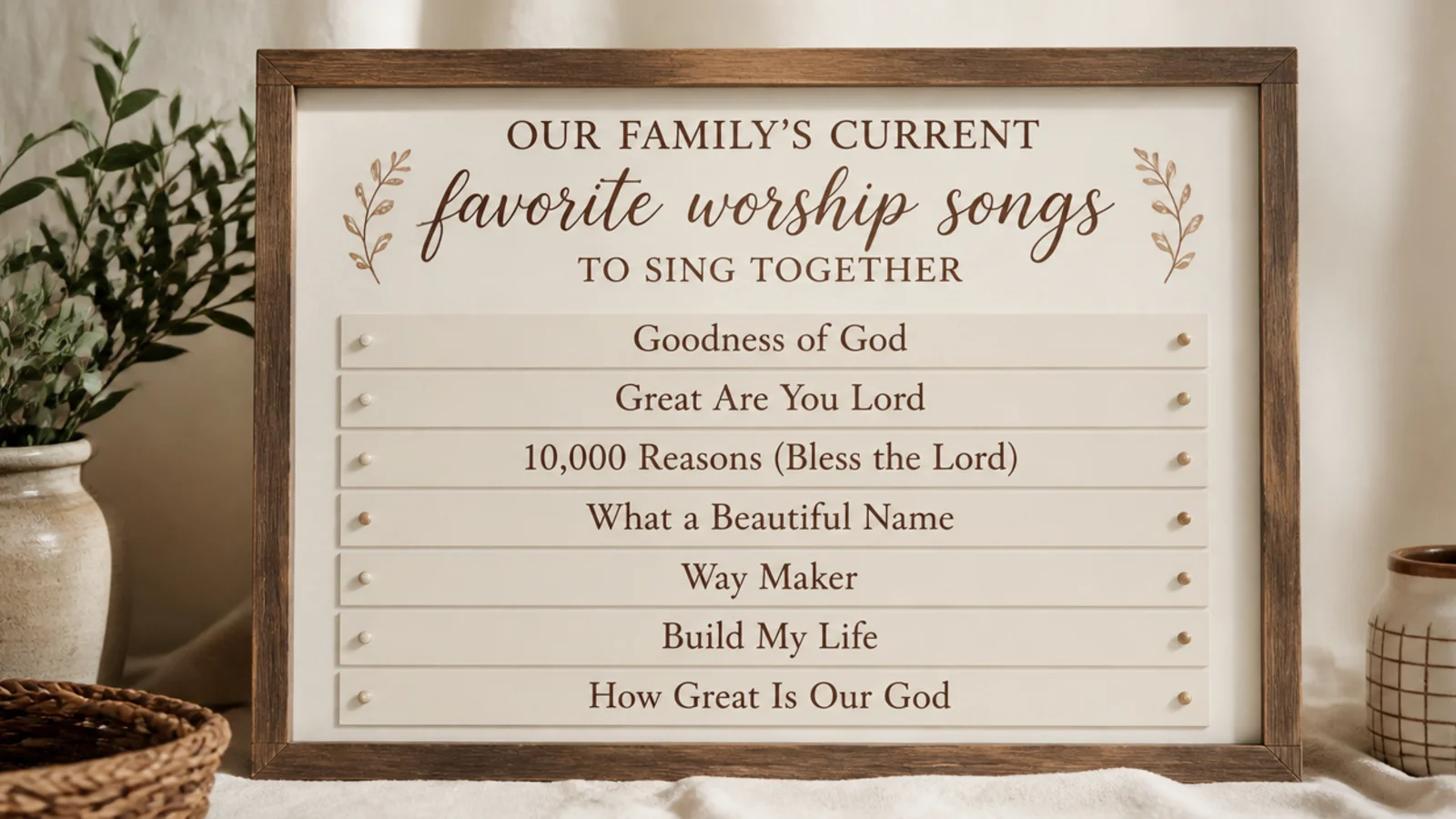 A board card listing the family's current favorite worship songs to sing together.