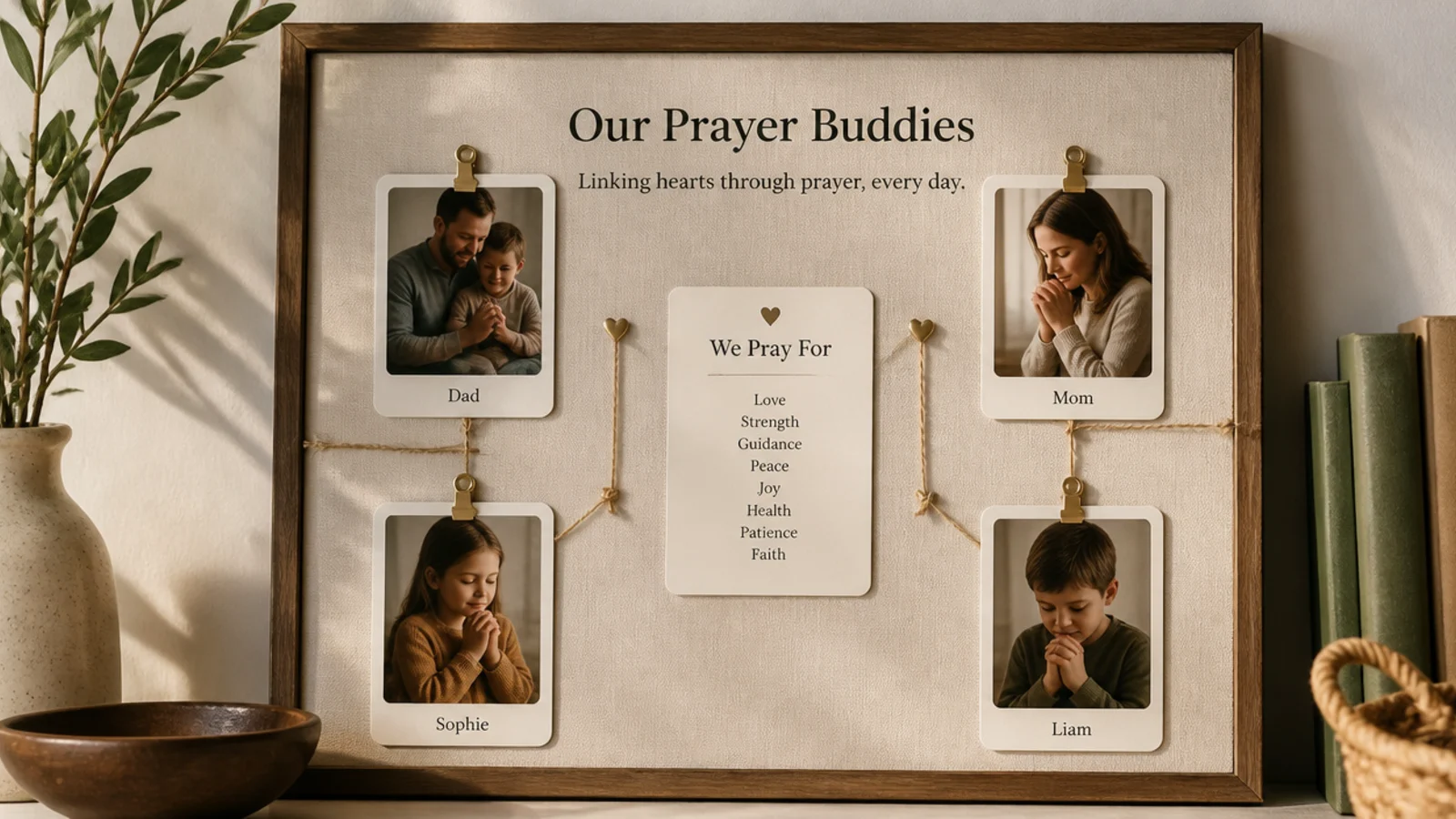 A board pairing family members as prayer buddies with linked photos and a shared card.