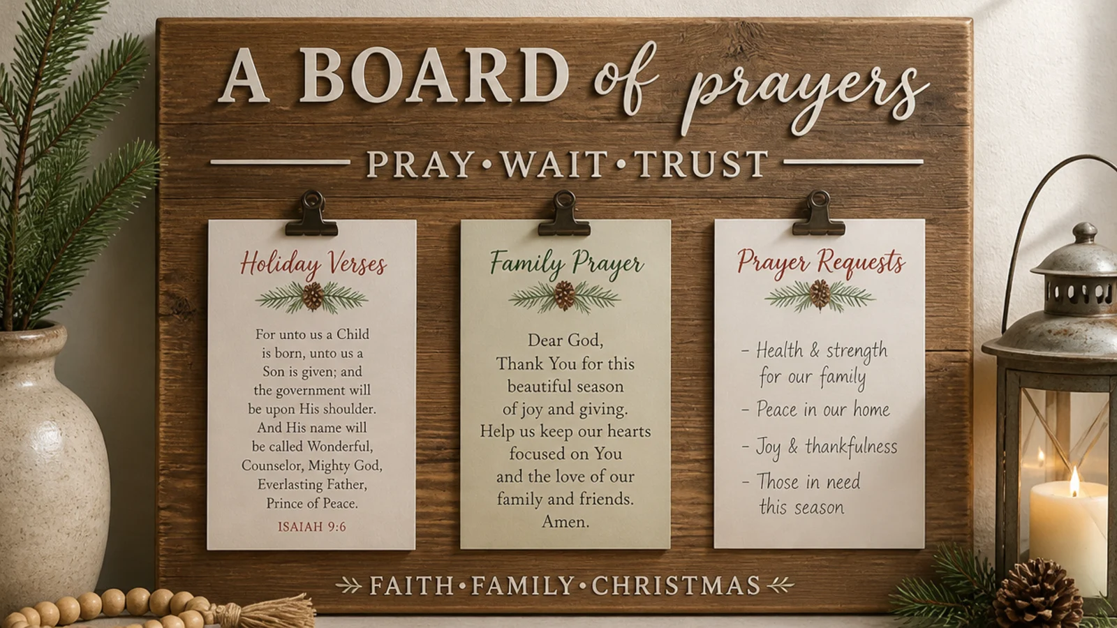 A board zone themed for the current season with holiday verses and family prayers.