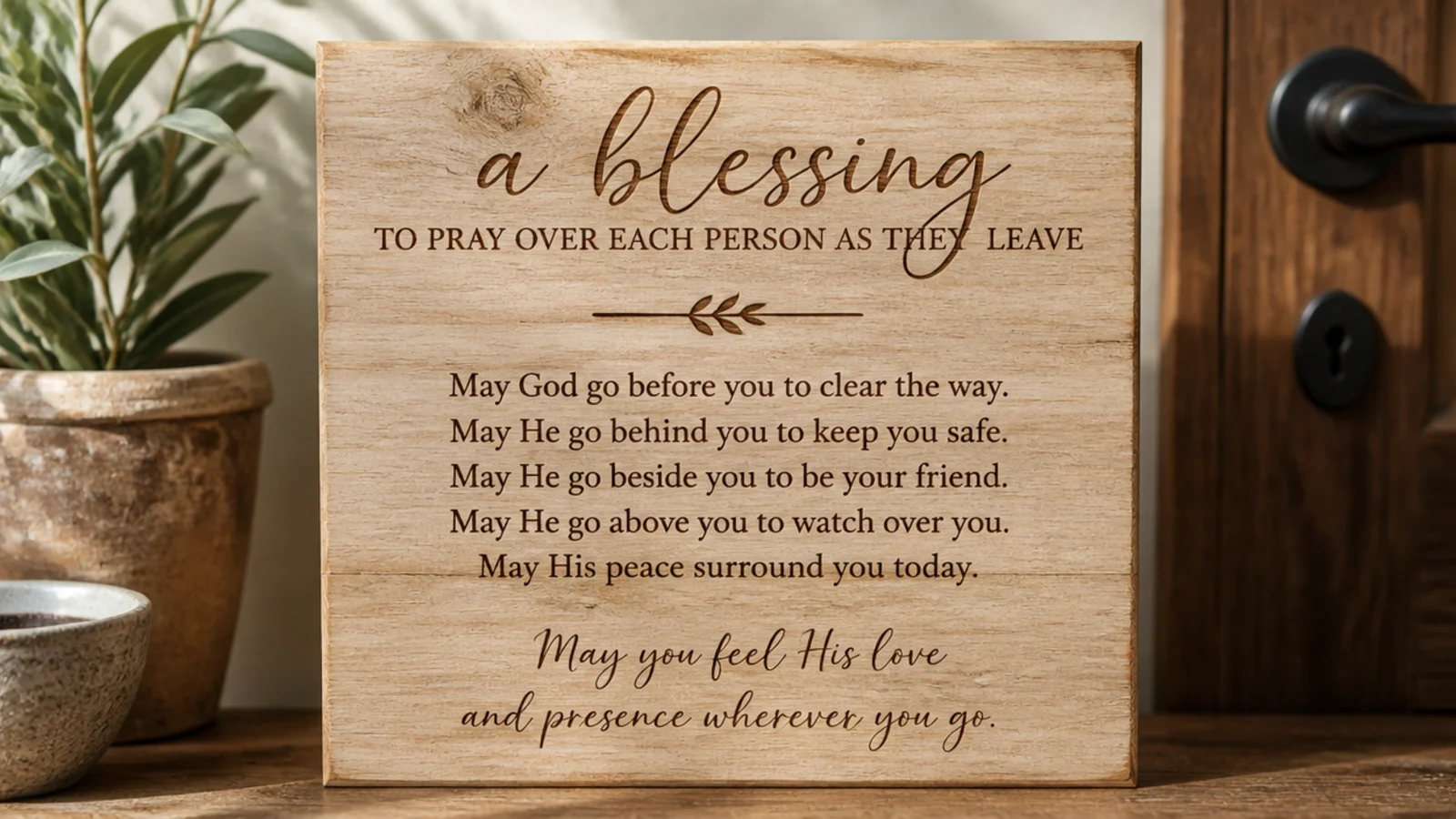 A small board by the front door with a blessing to pray over each person as they leave.