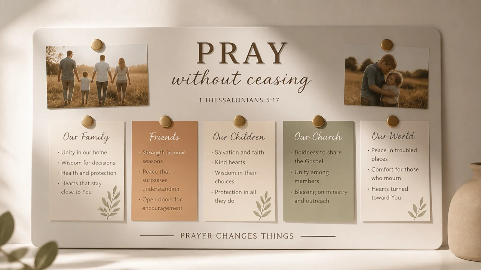 A magnetic prayer section on the fridge with photo magnets and request cards held by magnets.