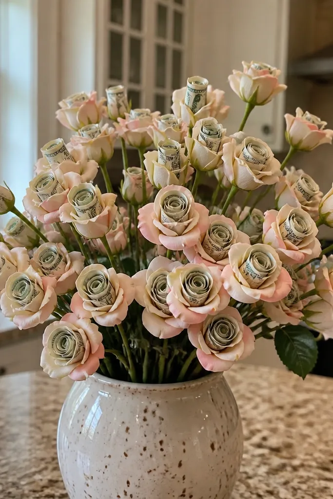 Small rose buds made from folded bills with cream tissue petals