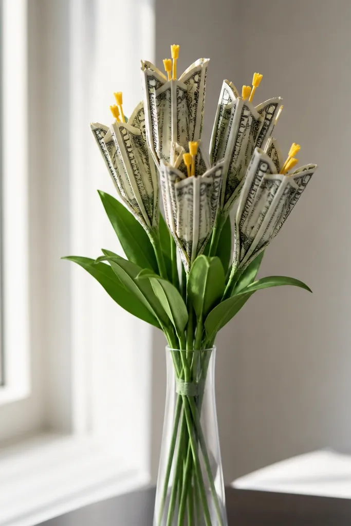 Tall lily stems with vertical folded bill strips and white wrapping