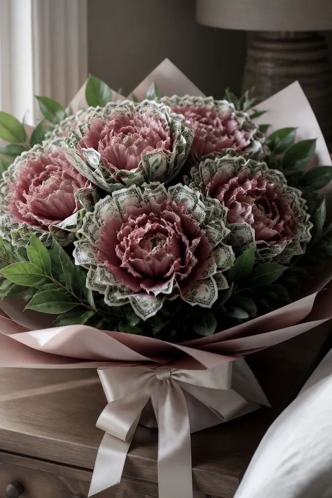 Full peony-like flowers made from ruffled money petal edges