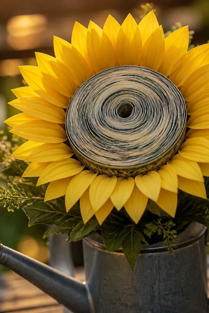 Sunflower head with rolled bill center and yellow petal rays