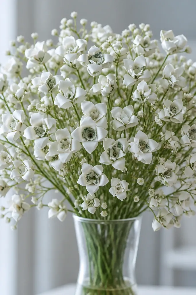 Tiny clustered cash flowers with white filler and green stems