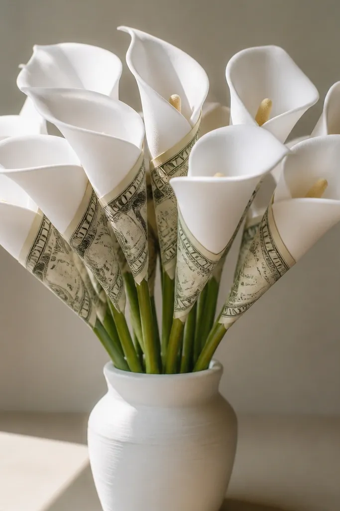 Cream calla lilies with a money tube detail near the base