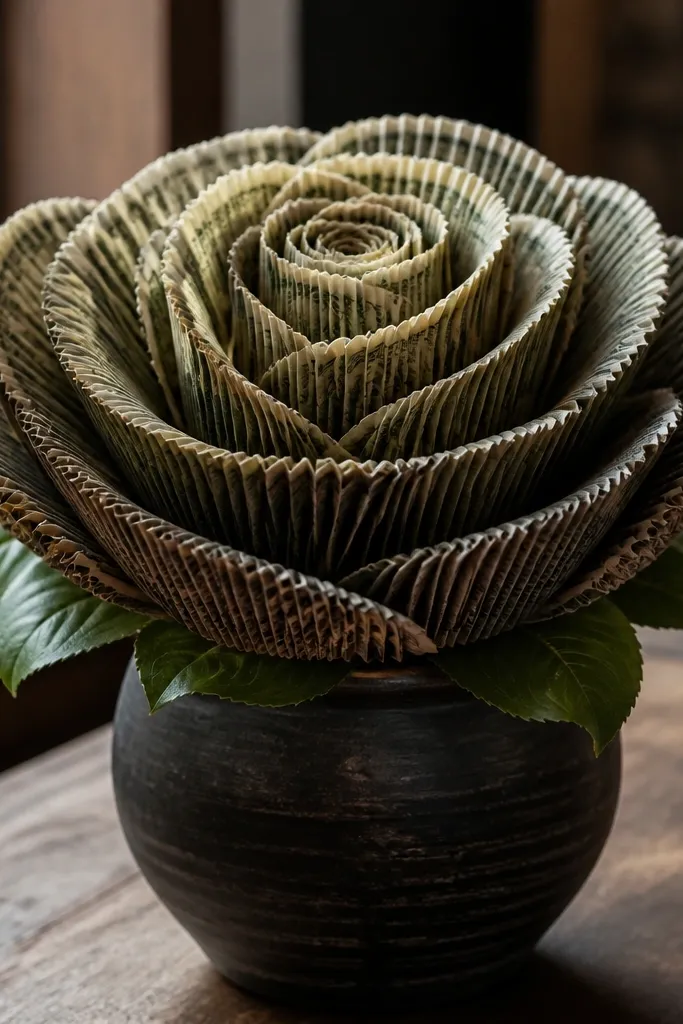Layered cabbage rose made from accordion-folded bill petals