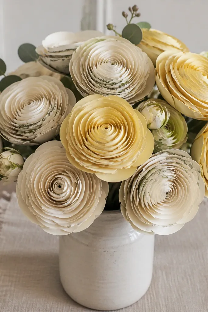 Ranunculus bouquet with money hidden under layered paper petals