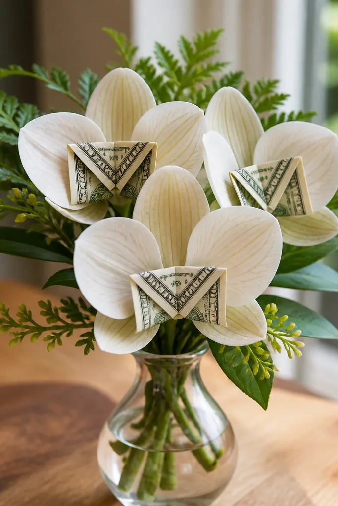 Mini orchid flowers with a small money envelope center