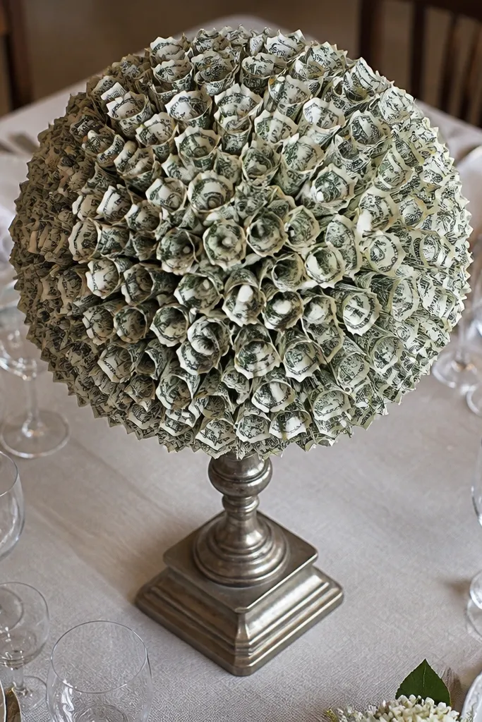 Hydrangea-like cluster with bill confetti dots in a round head