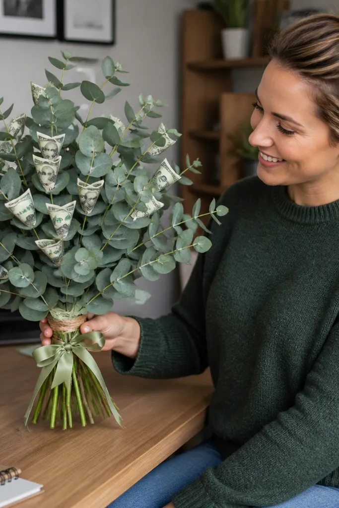 Eucalyptus-style green bouquet with small money leaves attached