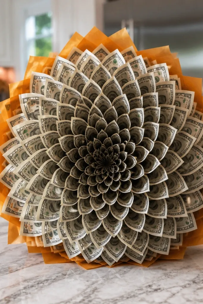 Dahlia flower made from spiral-folded bill petals
