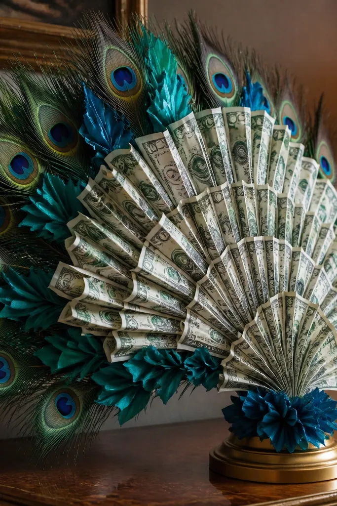 Peacock-style bouquet with long ribbon-like money feathers