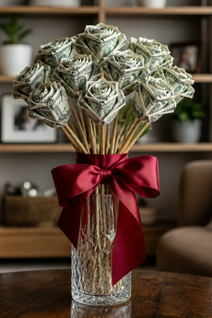 Wrapped bouquet with money-coated floral picks tied with satin ribbon