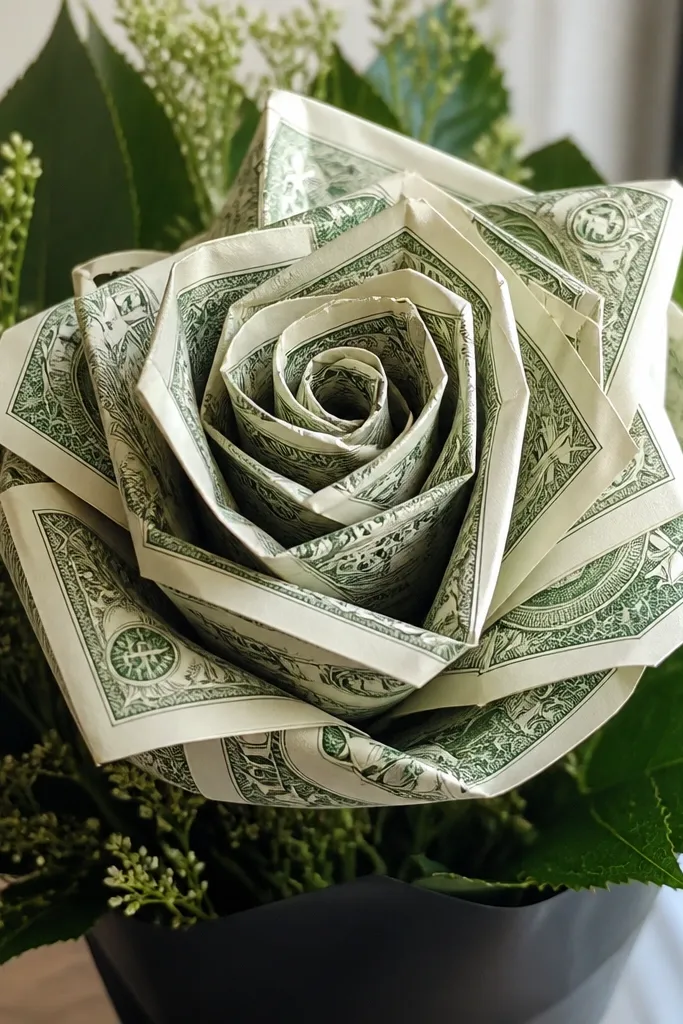 Rose flower where money looks like folded envelope petals