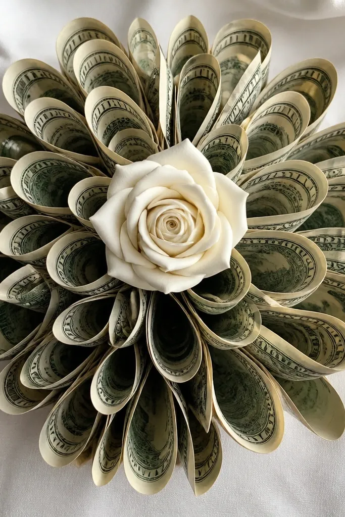 Gardenia flower with money ribbon loops around a white foam center
