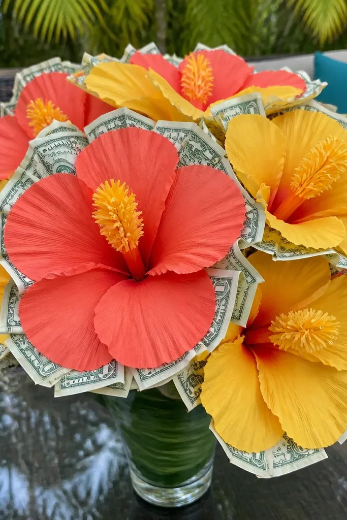 Bright hibiscus flower with money edges and colorful center