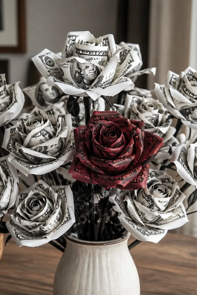 Black and white money bouquet with one red accent rose