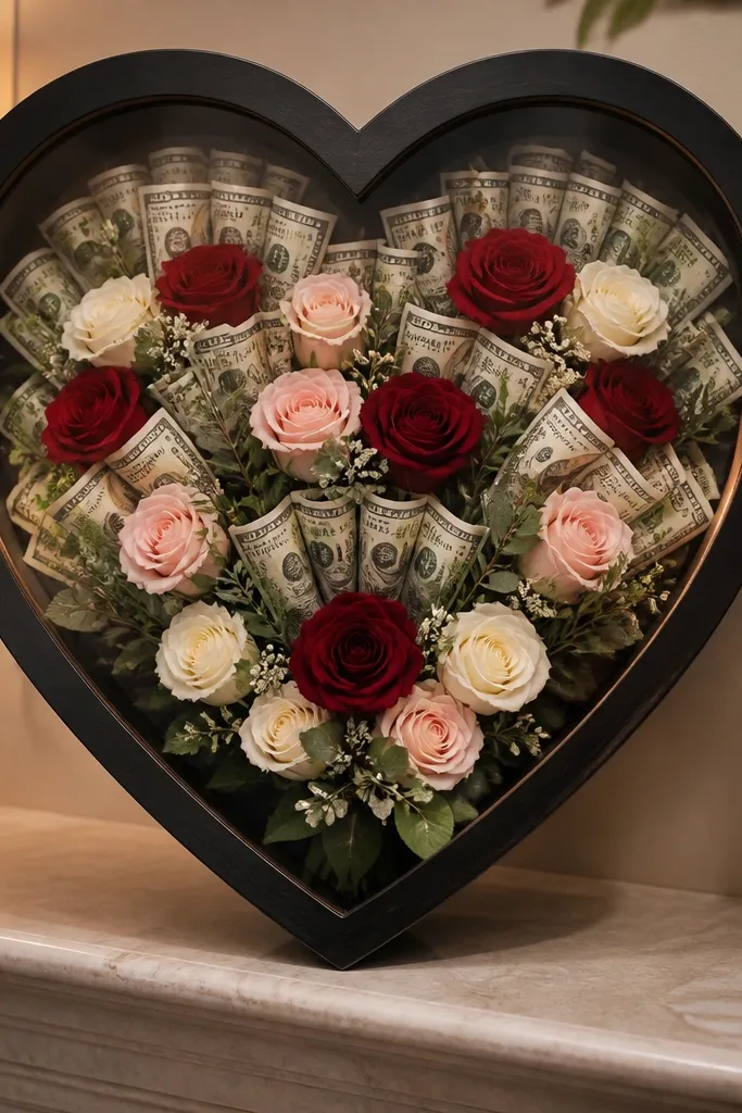 Heart-shaped money bouquet box with flower cutouts and bills inside