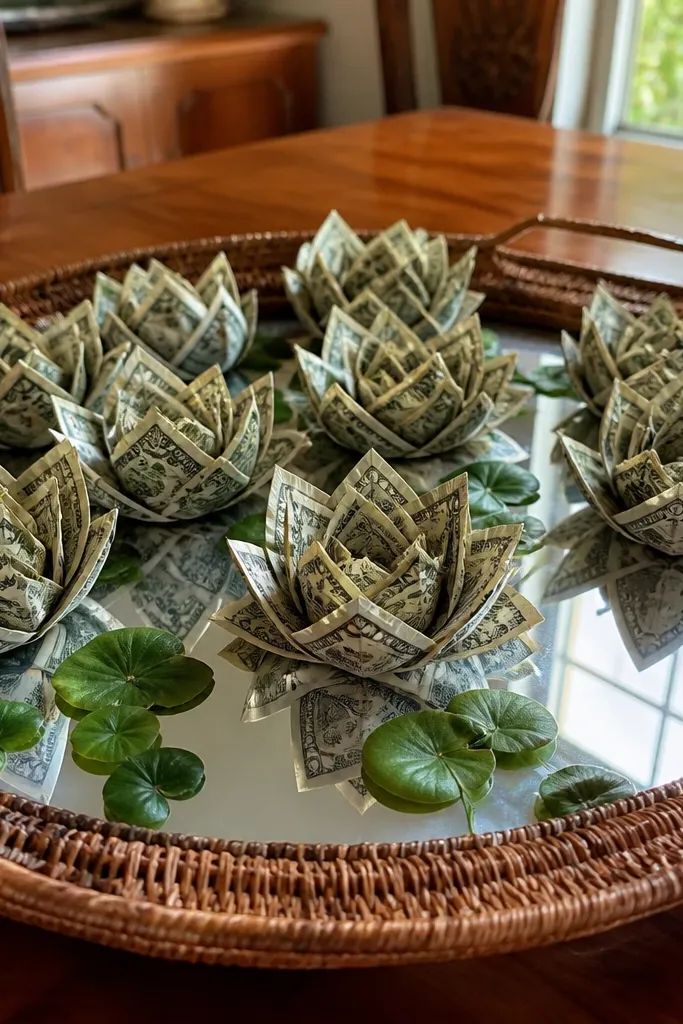 Basket bouquet with money flowers arranged around a faux water panel